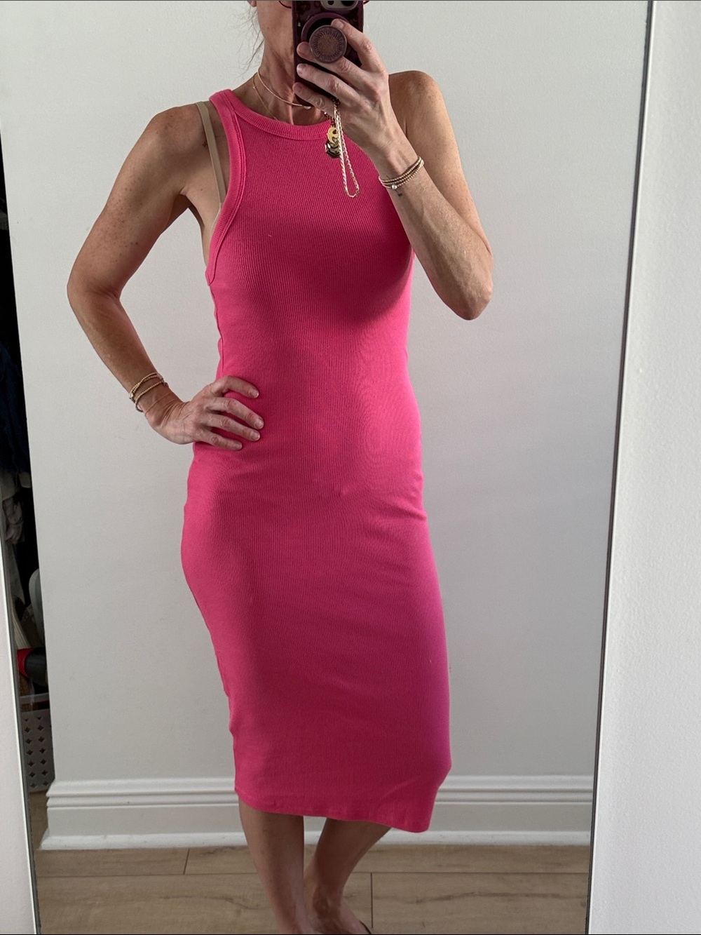 Zara Fitted Ribbed Midi Dress - Pink